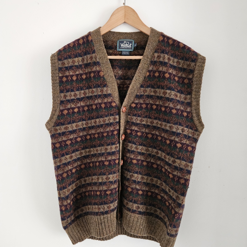 Woolrich Vintage Fair Isle Wool Sweater Vest Brown Nordic Handframed Large